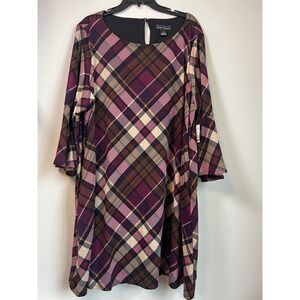 Jessica Howard Women's 3X‎ Plaid Bell Sleeve Keyhole Neck Dress Purple Multi NWT